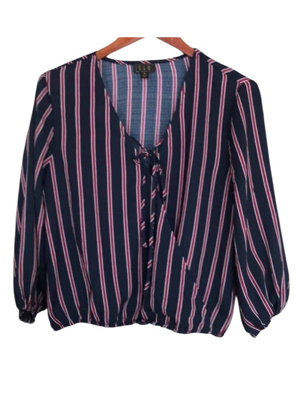 OLM Navy Red Stripe Surplice V-Neck Tie Front Blouse NWT